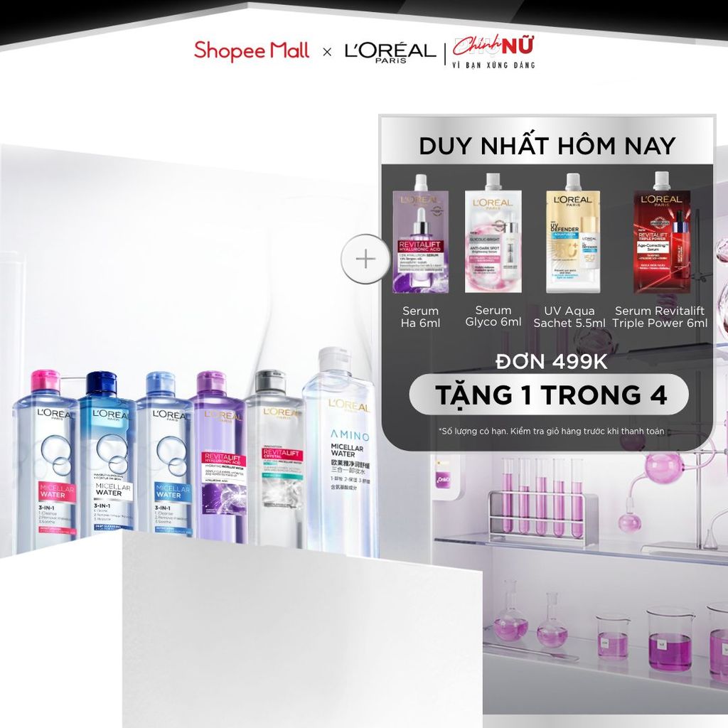 [AMINO MICELLAR MỚI] Nước tẩy trang làm sạch sâu, loại bỏ bụi bẩn & trang điểm 3-in-1 L'Oreal Paris Micellar Water 400ml