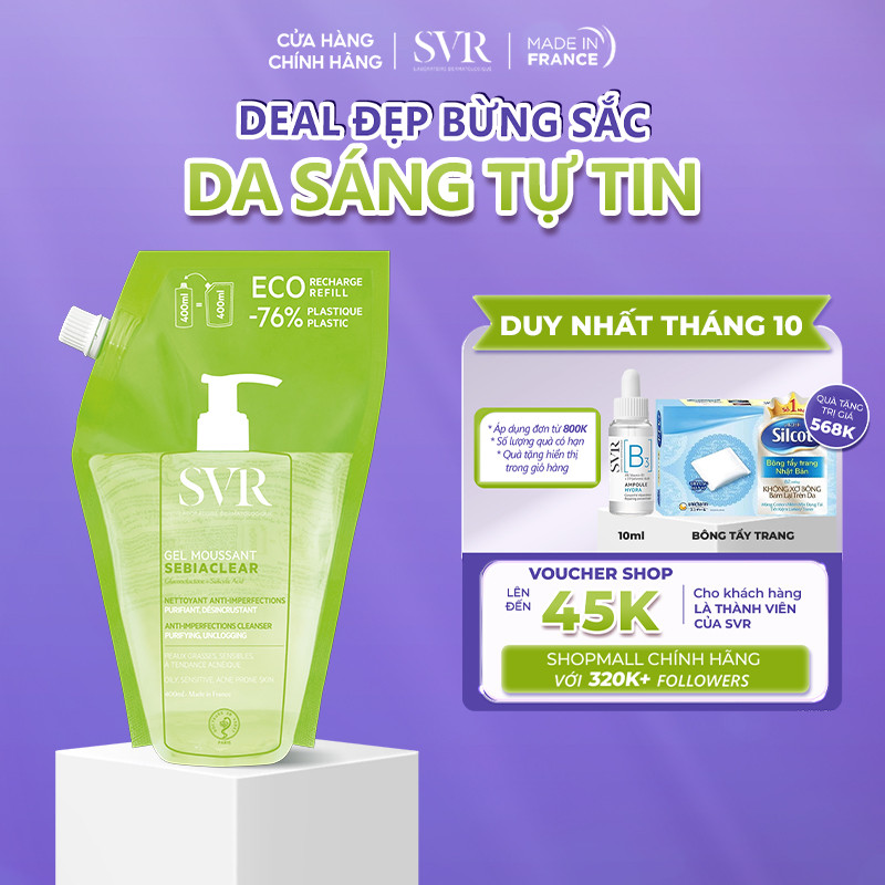 Gel rửa mặt cho da dầu mụn, không chứa xà phòng SVR Sebiaclear Gel Moussant Refill 400ML