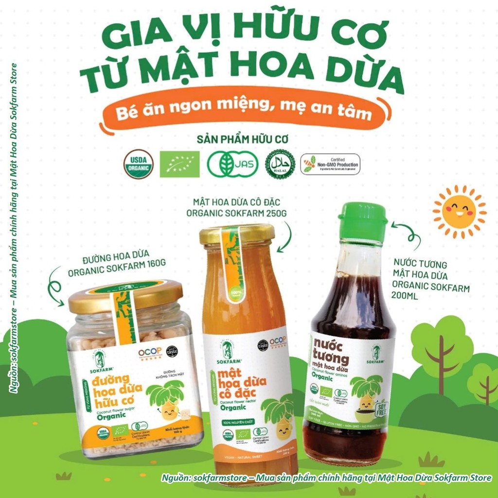 Gia vị hữu cơ mật hoa dừa sokfarm cho bé gồm nước tương, mật cô đặc và đường hoa dừa hữu cơ cho bé