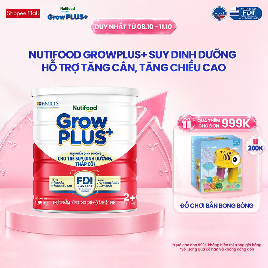 Sữa bột Nutifood GrowPLUS+ Suy Dinh Dưỡng (Đỏ) 2+ Tăng Cân, Tăng Chiều Cao (Lon 1,65 Kg)