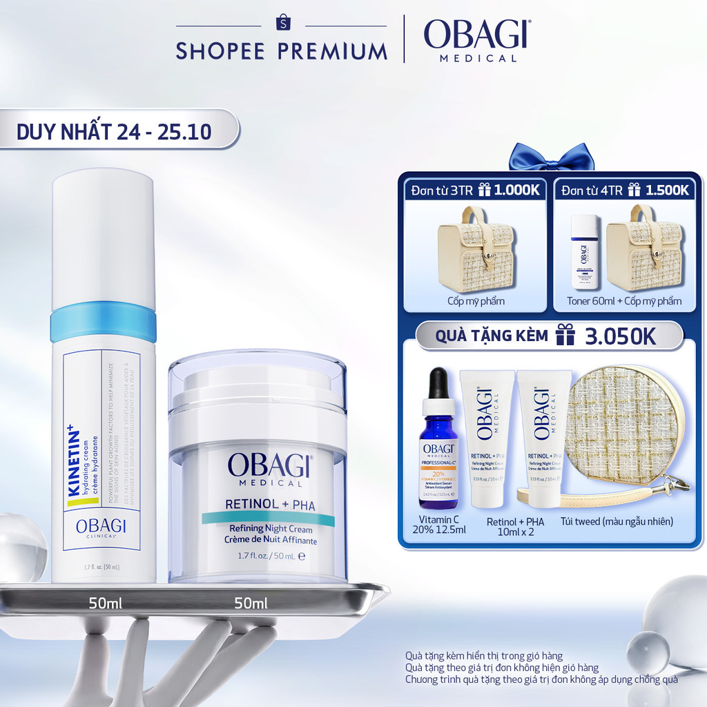 Bộ đôi Kem Dưỡng Đêm Obagi Retinol + PHA 50ml và Kem Dưỡng Dịu Da Kinetin+ Hydrating 50ml