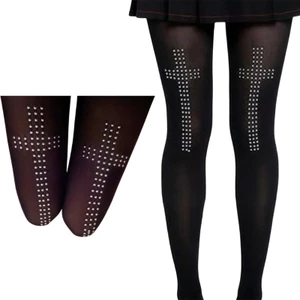 Exhila Shimmering Crosses Họa Tiết Quần Đen Eo Opaque Quần Cho Nữ