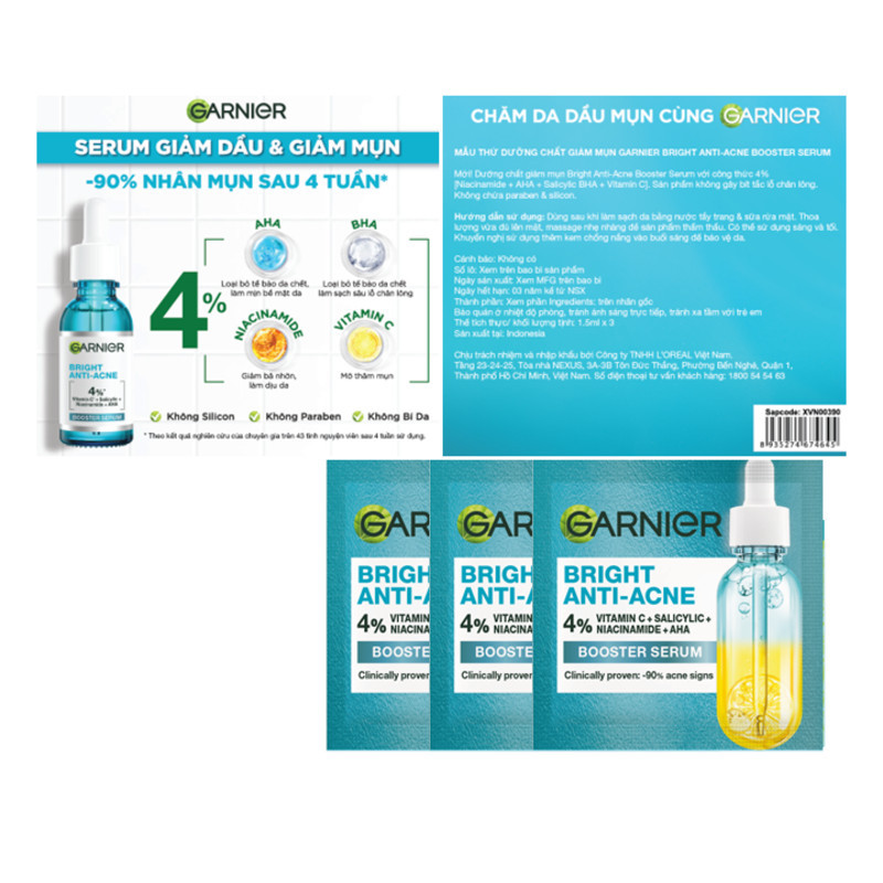 [MẪU THỬ] Bộ 3 Dưỡng chất cho da dầu mụn Garnier Bright Complete Anti-Acnes Booster Serum 4% 1.5mlX3
