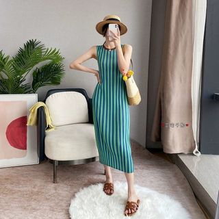Miyake Váy Sọc Xếp Ly Cho Ngày Thường, Phù Hợp Mùa Hè, Chiều Dài