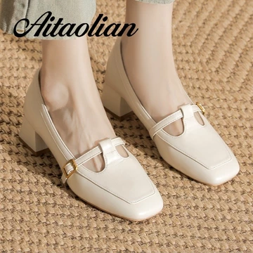 (Size 34-40) Da Thật Chính Hãng Giày Cao Gót 4cm Giày Nữ Phong Cách Anh Quốc Giày Nữ Retro Giày Nữ Vuông Giày Nữ Da Mềm Trang Trọng Giày Nữ