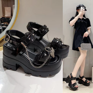 Ngọt Cay Văn Hóa Châu Á y2k Thiên Niên Kỷ Hồng Tình Yêu Dark Rock Chain Punk Girl Platform Sandals