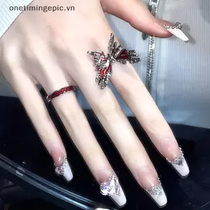 VFZ Punk Gothic Đỏ Bướm Nhẫn Vintage Ánh Sáng Sang Trọng Mở Có Thể Điều Chỉnh Nhẫn Ngón Tay Phong Cách Pháp Cá Tính Dự Tiệc Trang Sức Quà Tặng OTE