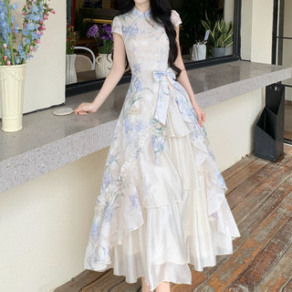 Váy Sườn Xám In Họa Tiết Phong Cách Trung Hoa Mới Nhẹ Nhàng, Váy Xòe Chắp Vá Không Đều Cho Nữ Mùa Hè