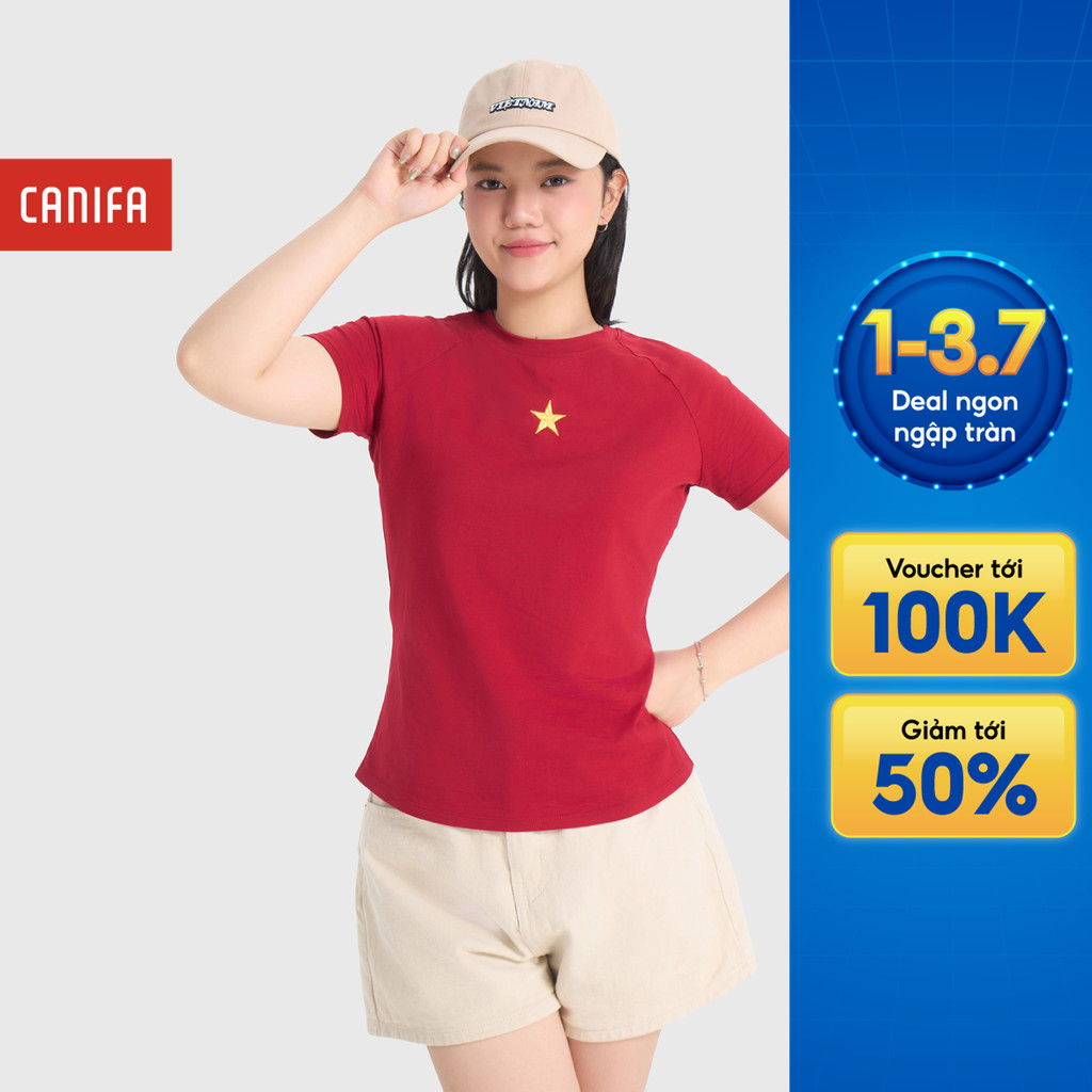 Áo phông nữ CANIFA S áo thun dáng ôm cổ tròn in hình Cờ đỏ sao vàng 6TS26S030
