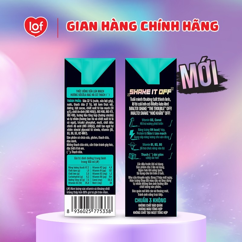 Sữa lúa mạch MALTO Jelly Shake Shake It Off hương sôcôla bạc hà có thạch thùng 48 hộp x 170ml