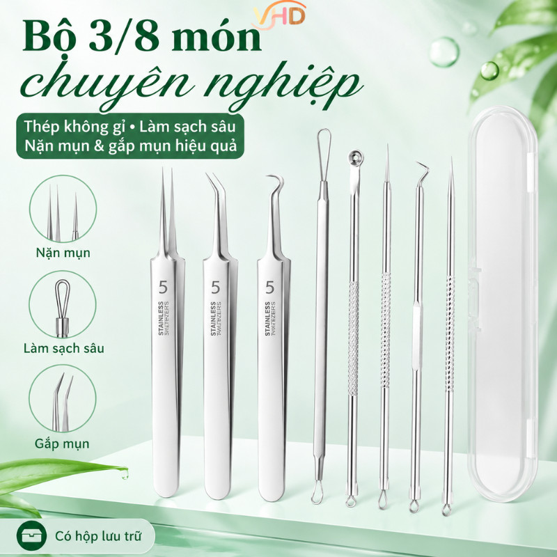 Nhíp Gắp Mụn Đầu Đen Chuyên Nghiệp – Bộ 3/8 Món Thép Không Gỉ, Làm Sạch Sâu, Nặn Mụn & Gắp Mụn Hiệu Quả, Không Đau