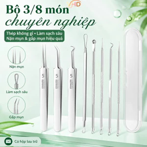 Nhíp Gắp Mụn Đầu Đen Chuyên Nghiệp – Bộ 3/8 Món Thép Không Gỉ, Làm Sạch Sâu, Nặn Mụn & Gắp Mụn Hiệu Quả, Không Đau