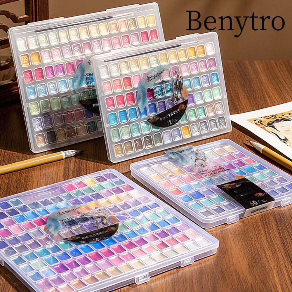 Bộ màu nước BENYTRO, 12 / 24 / 35 / 48Color Sơn màu nước nguyên khối ngọc trai đa chức năng, Bộ dụng cụ vẽ tranh Bộ sơn màu nước kim loại DIY