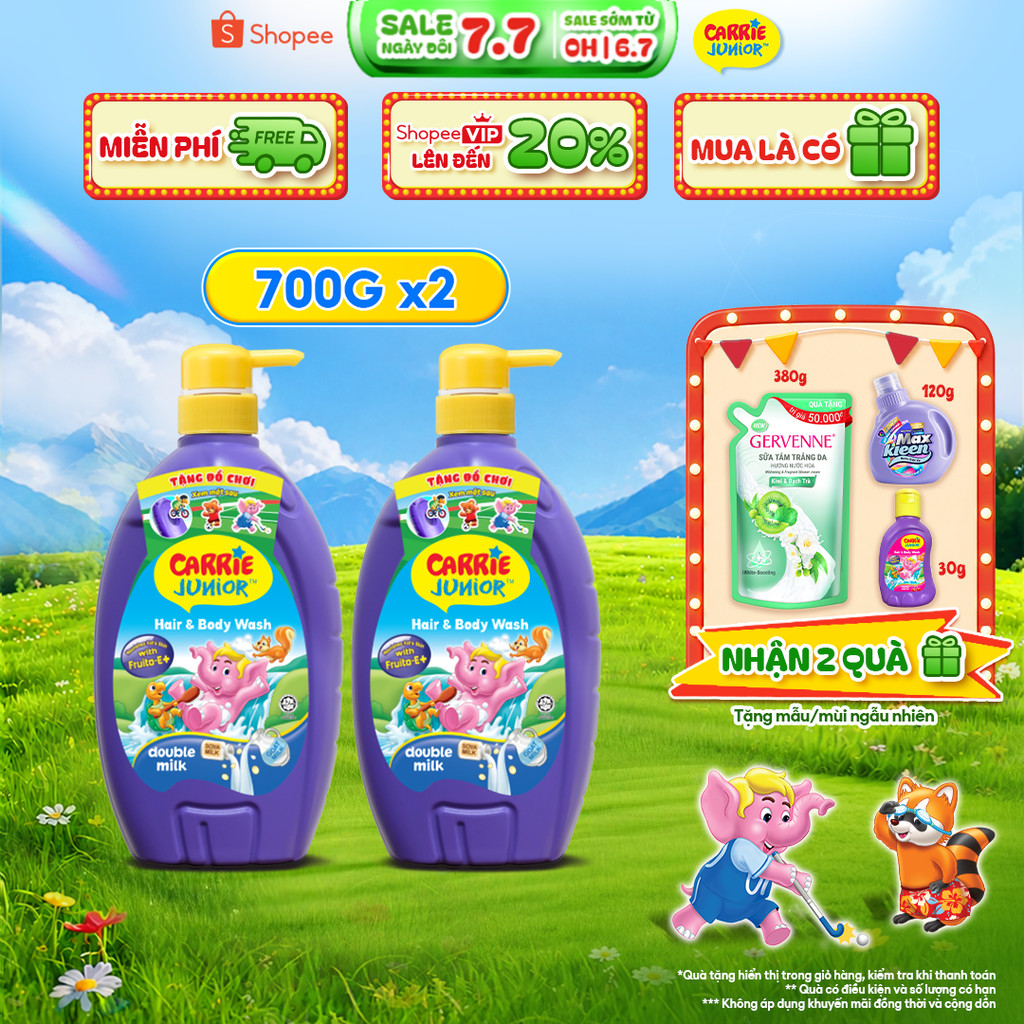 Combo 2 Sữa Tắm Gội thành phần thiên nhiên Sạch Dịu Nhẹ & ẩm mịn Cho Bé Carrie Junior Hương Sữa 700g /chai