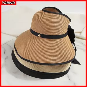 Mũ Rơm Mùa Hè YRBWD, Mũ Chống Nắng Rỗng Vành Lớn Có Thể Gập Lại, Thiết Kế Nơ Tròn Chống Tia UV Mũ Đi Biển Cho Nữ