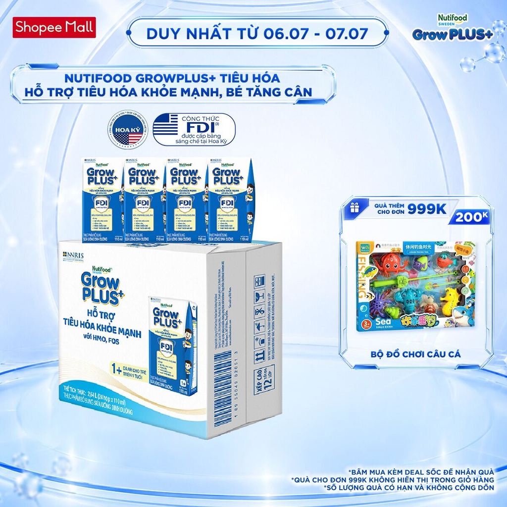 Thùng 24 hộp x 110ml Sữa bột pha sẵn Nutifood Sweden GrowPLUS+ Tiêu Hóa (Xanh Nhạt) 1+ - Tiêu hóa khỏe, tăng cân