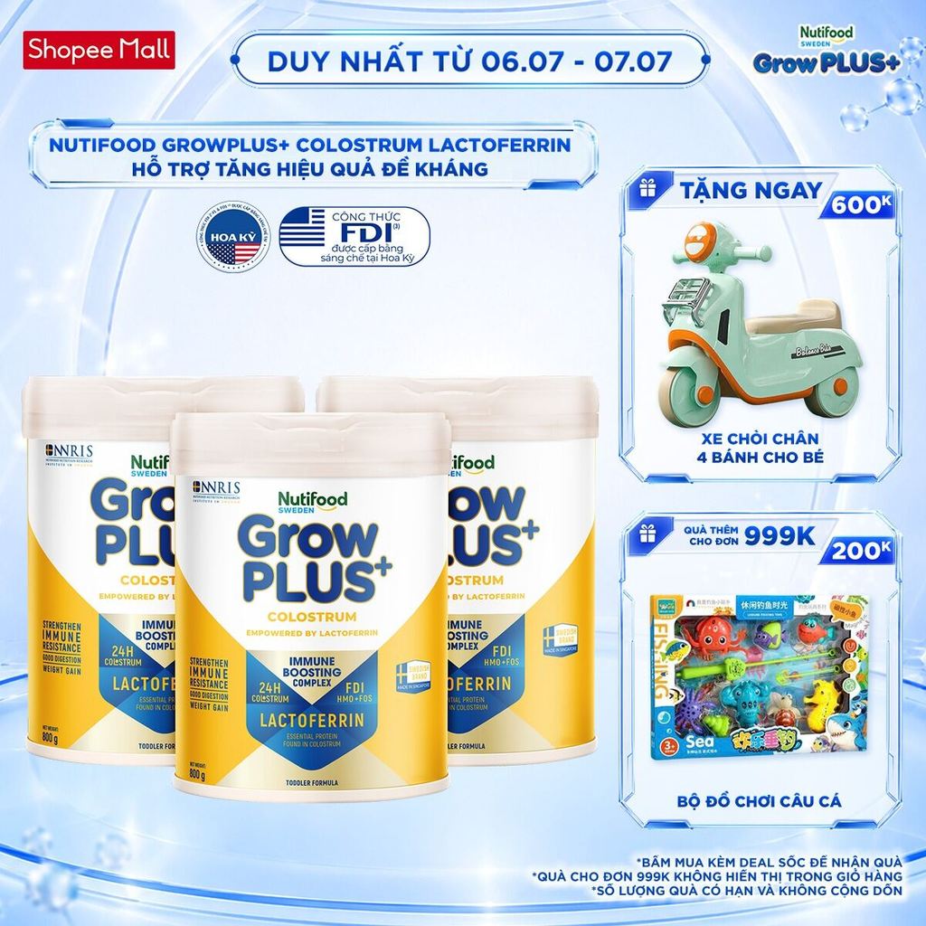 Combo 3 Sữa bột Nutifood Sweden GrowPLUS+ Colostrum Lactoferrin 1+ 800g