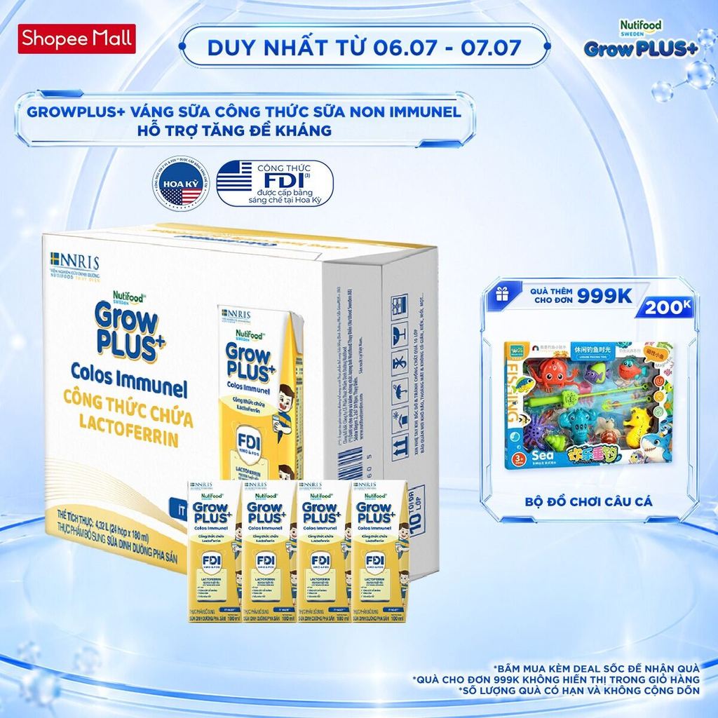 Thùng 24 hộp Sữa Bột Pha Sẵn Nutifood Sweden GrowPLUS+ Sữa Non Immunel hộp 180 ml (Bao bì tuỳ lô hàng)