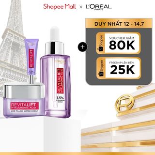 Bộ Serum Cấp Ẩm Sáng Da 30ml, 7.5ml và kem dưỡng 15ml siêu cấp ẩm giảm nếp nhăn L'Oreal Paris Revitalift Hyaluronic Acid