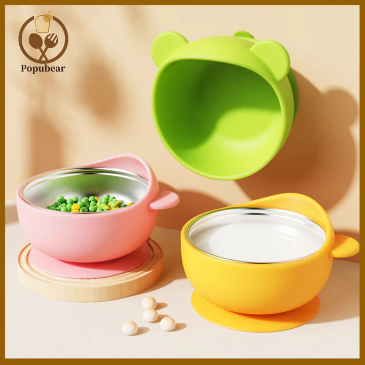 Popubear Cấp Thực Phẩm Silicone Bát Cho Bé Silicone Bát Thực Phẩm Cho Bé Bát Silicon Gấu Cho Bé Có Đế Hút Mạnh – Inox Chống Trơn Trượt Cho Bé Cho Bé