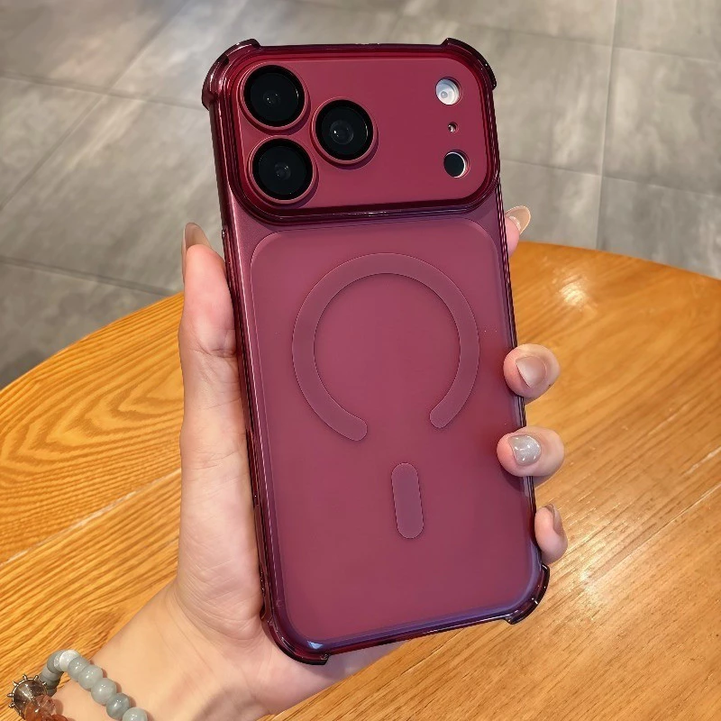 Ốp điện thoại iPhone sạc không dây màu đỏ Cherry sang trọng 18 17 16 15 14 13 12 11 Pro Max TPU Vỏ bảo vệ giảm xóc dày bốn góc có vỏ bảo vệ ống kính có thể tháo rời