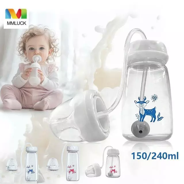Bình sữa MMLUCK cho bé, Bình sữa không tay 150 / 240ml, Dễ thương với ống hút cho bé bú Bình sữa cho trẻ sơ sinh cổ bình dễ dàng