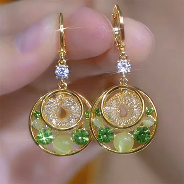 khuyên tai titan không gỉ bông tai nữ Bông tai zircon hợp kim đồng bông tai tròn màu xanh lá cây đầy đủ bông tai hoa sườn xám phong cách Trung Quốc cao cấp bông tai nữ