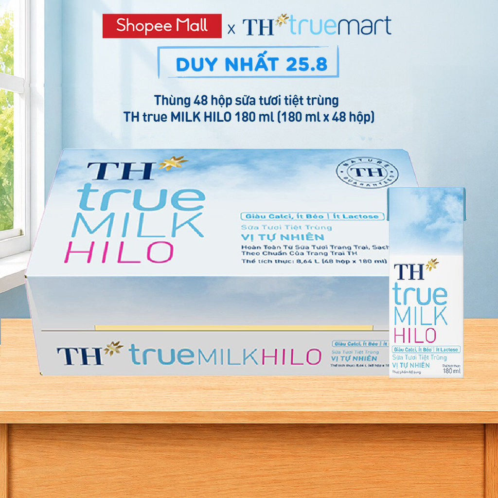 Thùng 48 hộp sữa tươi tiệt trùng TH true MILK HILO vị tự nhiên 180 ml (180 ml x 48)