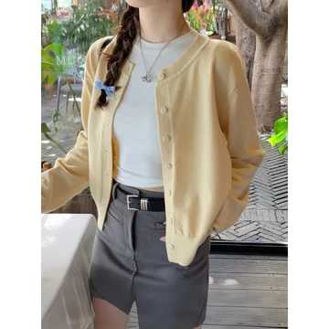 Mỏng Top Dệt Kim Nữ Phong Cách Hàn Quốc Dệt Kim Dài Tay Dệt Kim Nữ Áo Len Dệt Kim Áo Len Dệt Kim Áo Len Dệt Kim Áo Khoác Cardigan Nữ Màu Vàng