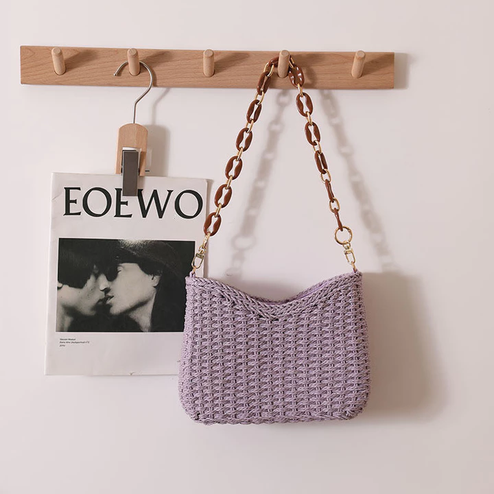 Women's Minimalist Woven Straw Bag – for the Beach, Purple – 6