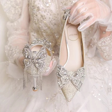 Giày Cao Cấp Giày Cưới Nữ Stiletto Giày Cao Gót 2025 Phong Cách Mới Xuân Hè Giày Cô Dâu Xiuhe Đầm Vàng Giày Cao Gót Pha Lê