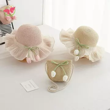 Mũ xô bé gái OPTIMAL LIMIT, Mũ chống nắng chống tia cực tím với Túi cói cùng phong cách Mũ rơm hoa Tulip, Mũ che nắng thoải mái Mũ che nắng ngư dân Mũ ren có thể gập lại Mũ đi biển bé trai