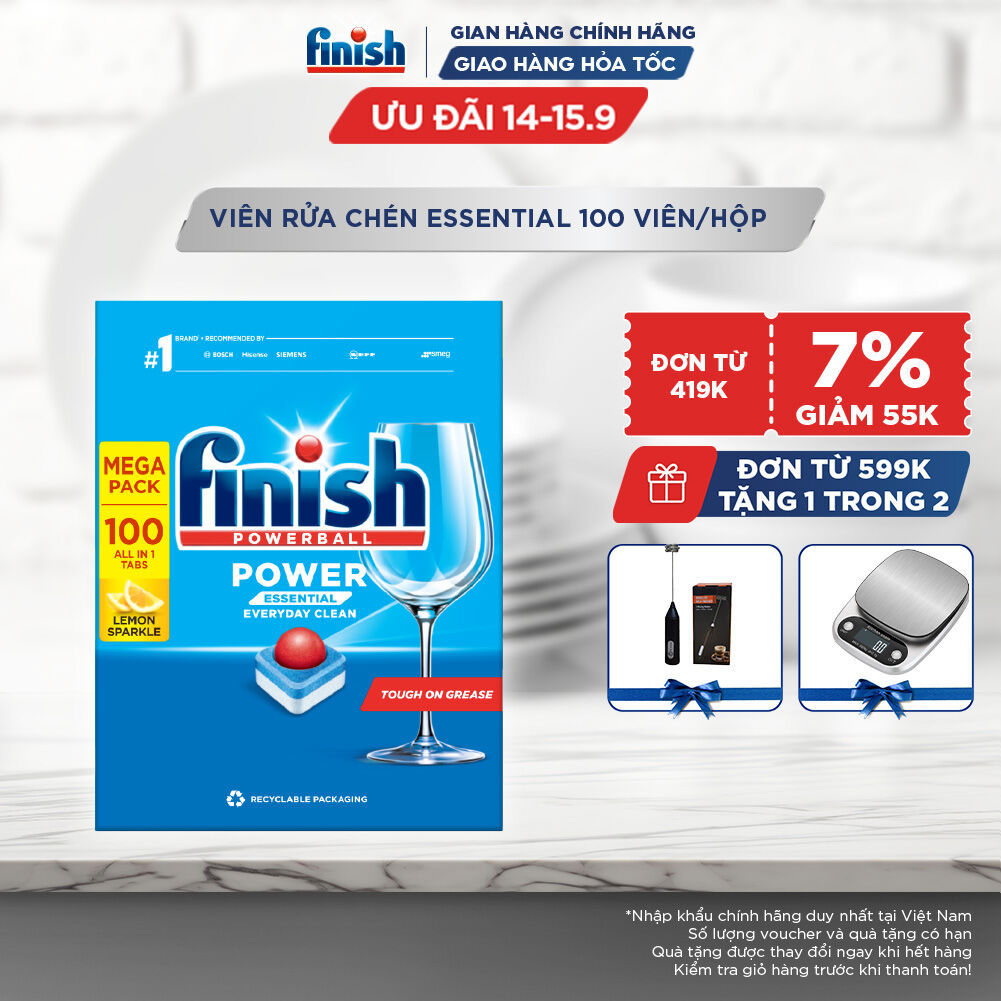 Viên Rửa Chén Bát Hương Chanh Finish Powerball Power Essential Lemon Sparkle - Hộp 100 viên tiết kiệm