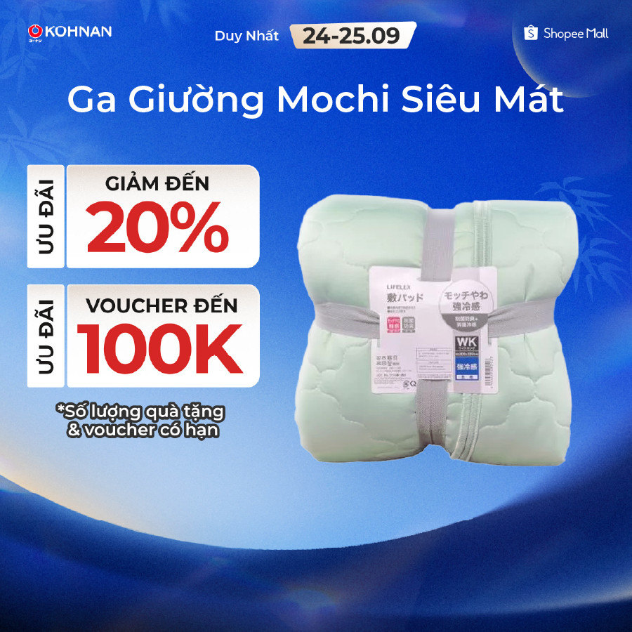 Ga giường mochi hai mặt siêu mát KOHNAN bề lạnh thoáng khí, có dây chun bọc đệm dạng phủ mặt, size S/D/Q/K/WK