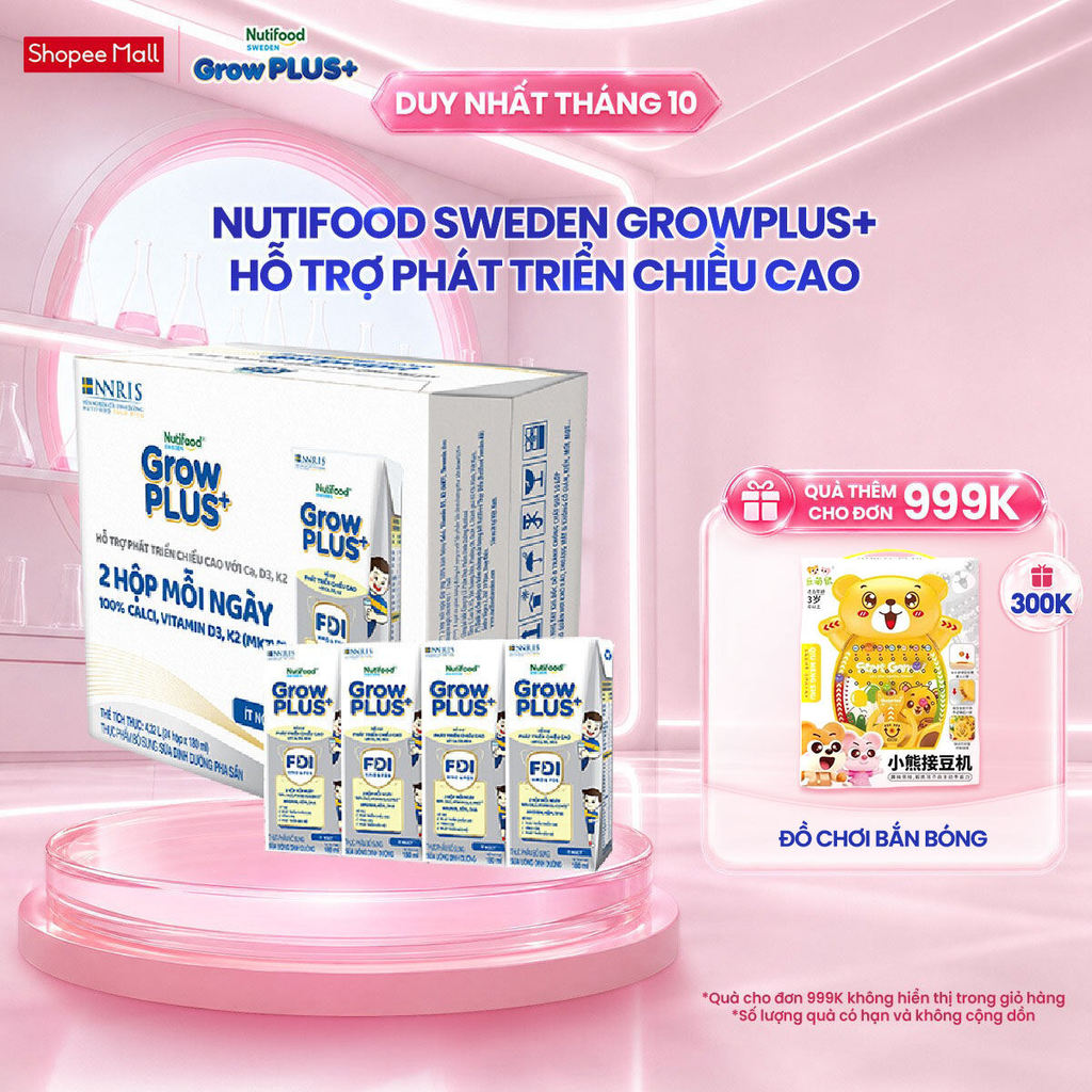 Thùng 24 hộp Sữa Bột Pha Sẵn Nutifood Sweden GrowPLUS+ Cao lớn vượt trội 24 hộp 180 ml