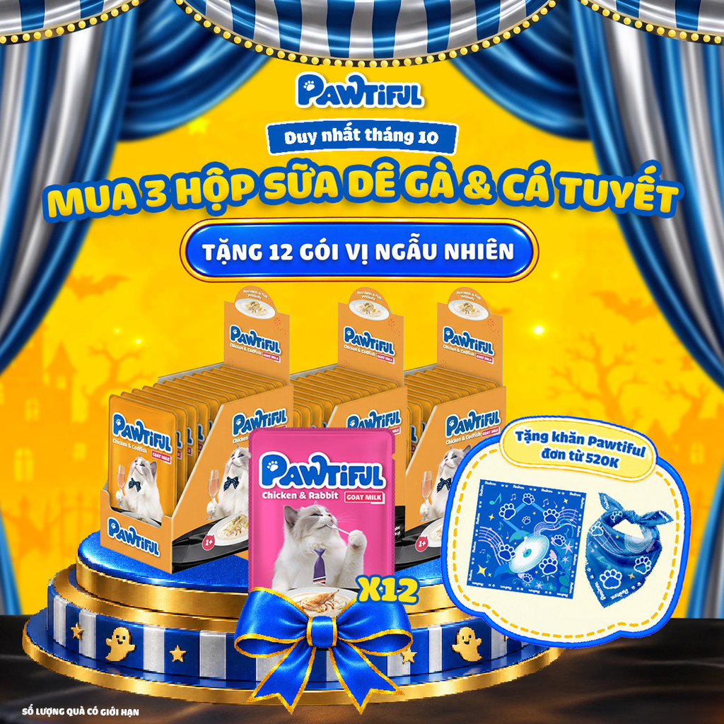 [MUA 3 HỘP TẶNG 12 GÓI] 3 Pate Pawtiful cho mèo dạng Sữa dê vị Gà & cá tuyết 3hộp x12gói x70g