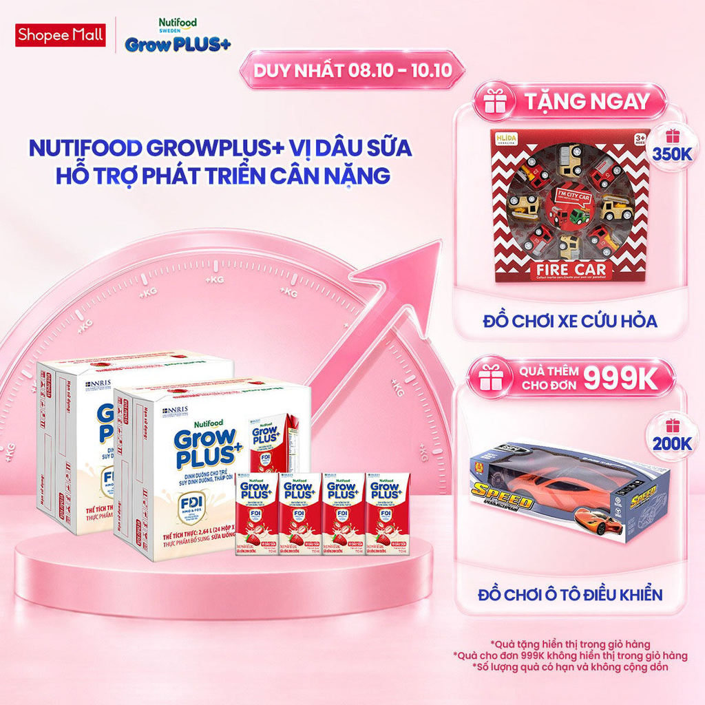 Combo 2 Thùng 24 hộp Sữa bột pha sẵn Nutifood GrowPLUS+ Vị Dâu Sữa hộp 110ml - Trên 1 tuổi