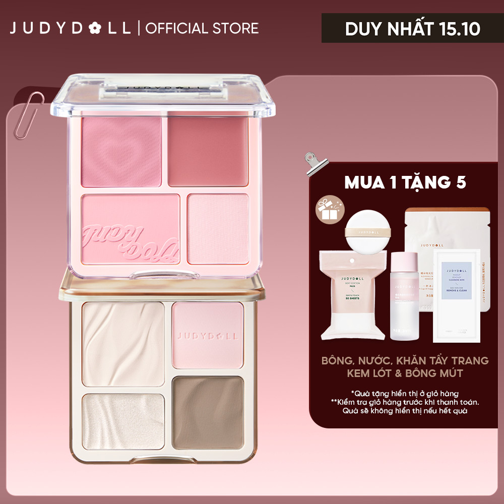 [Combo 2] Bảng Tạo Khối Bắt Sáng Highlight 4 Ô JUDYDOLL & Bảng Má Hồng 4 Ô JUDYDOLL Mỏng Nhẹ Lên Màu Tự Nhiên Mịn Da