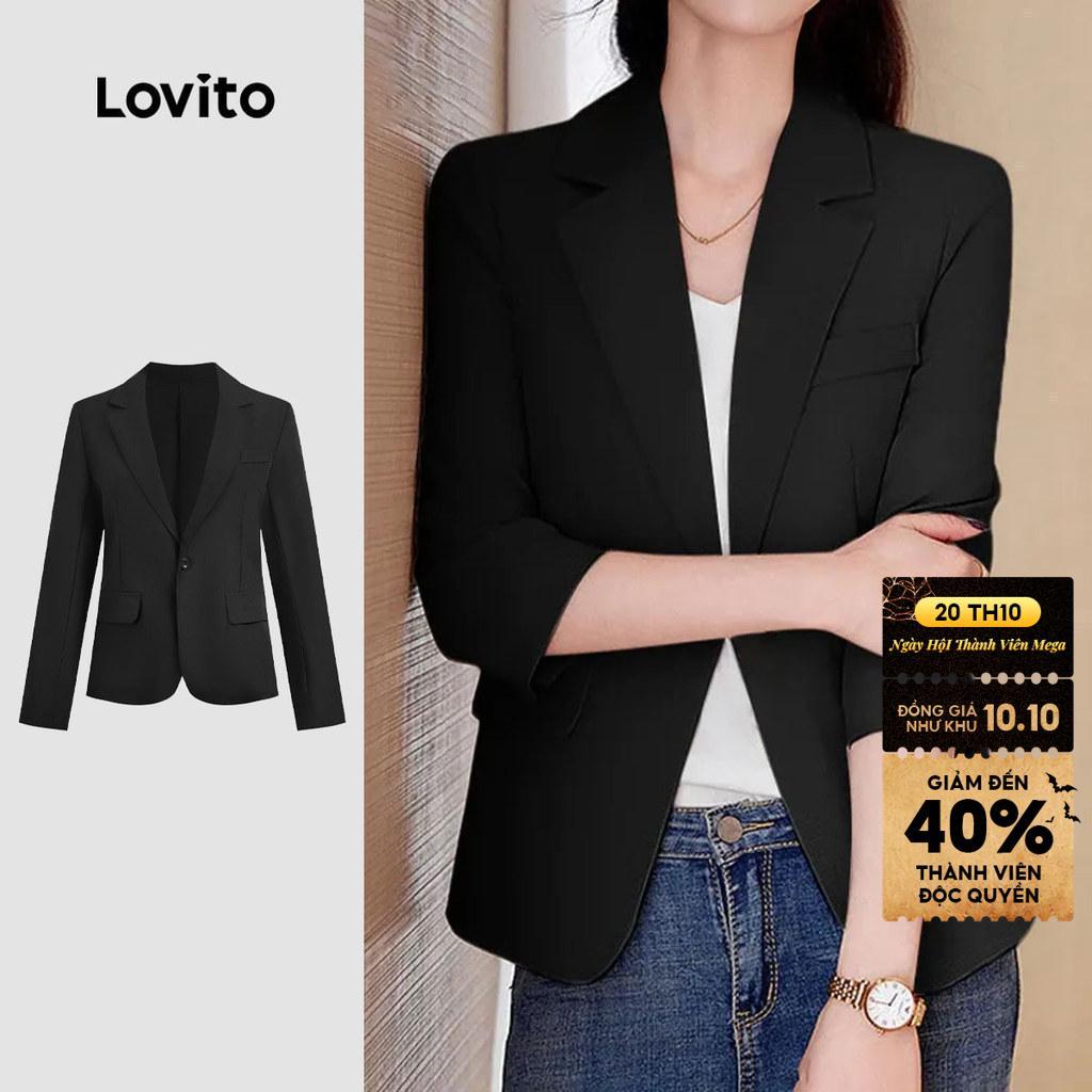 Lovito thanh lịch Áo Blazer Không Lót Cài Nút Không Có Lớp Lót Màu Đen Thích Hợp Cho Mùa Xuân/hè Dành Cho Nữ L157ED1076