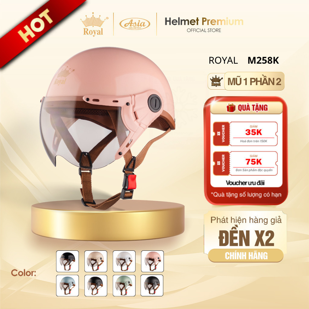 [Độc Quyền] Mũ Bảo Hiểm Nữa Đầu Có Kính Royal M258K Kính Trà, Nón Bảo Hiểm 1/2 Thời Trang An Toàn