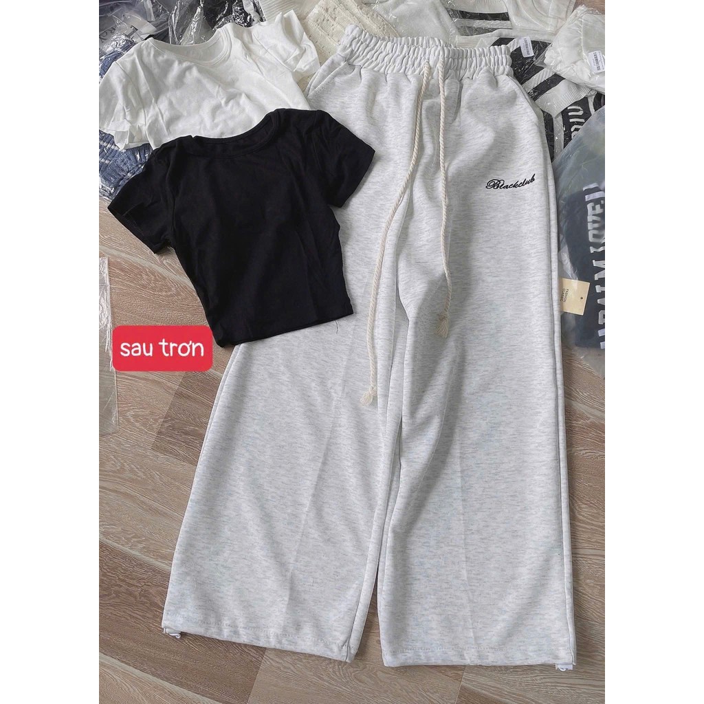 SÉT BỘ QUẦN ỐNG RỘNG DA CÁ DÁNG DÀI TRƠN+ MIX ÁO THUN TĂM CROPTOP TRƠN
