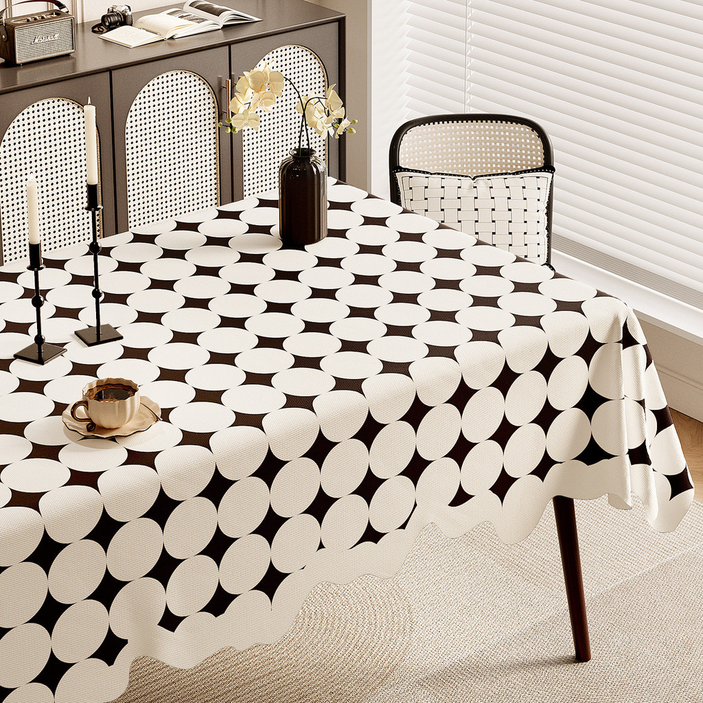 Khăn trải bàn caro đen trắng viền gợn sóng | Vải cotton linen màu be, phong cách tối giản hiện đại, dễ giặt, trang trí bàn ăn, quán cà phê