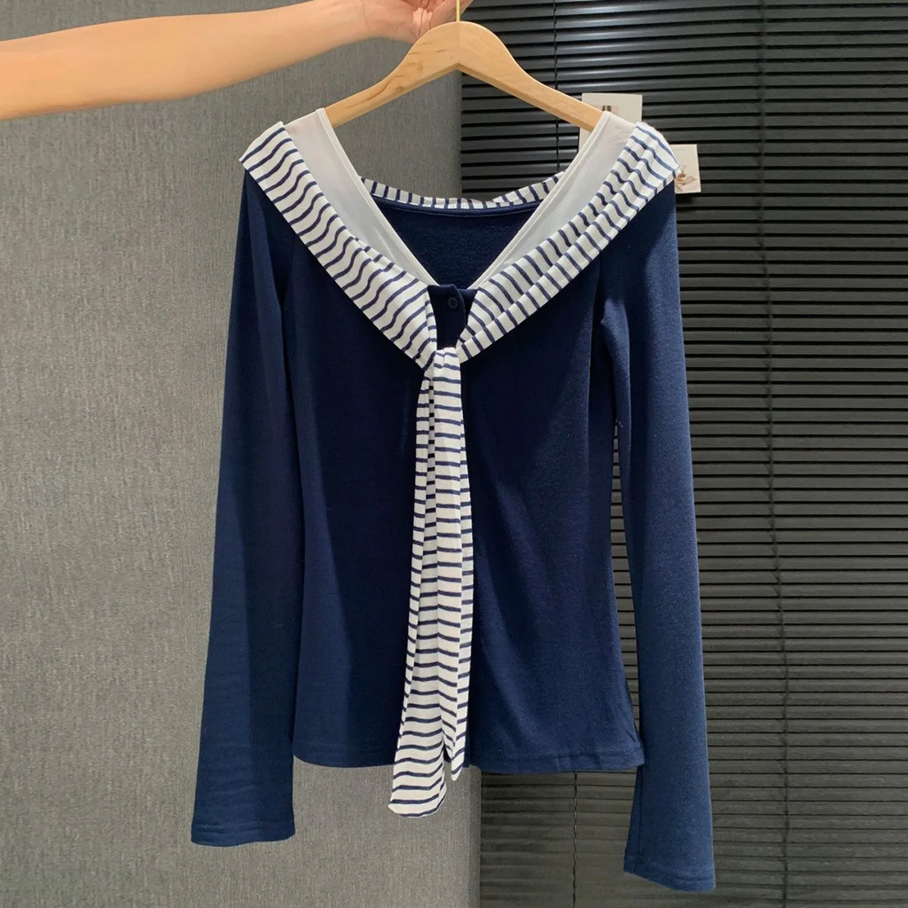Milyfashion Preppy Phong Cách Hải Quân Cổ Sọc Ruy Băng Áo Thun Dài Tay Phong Cách Mới Đầu Thu Kỳ Nghỉ Hai Mảnh Quần Áo Nữ