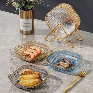 Set 4 khay đĩa nhựa viền vàng trong suốt đựng trái cây, thực phẩm đa năng, kèm giá đựng trang trí sang trọng