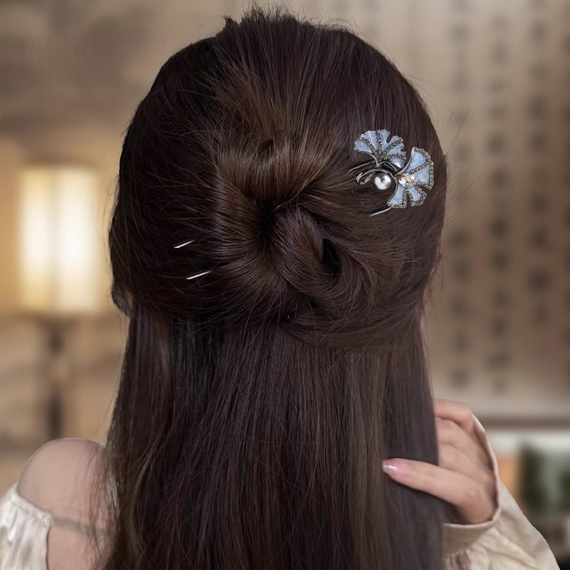 Kẹp Tóc Bạch Quả Phong Cách Trung Quốc với Ngọc Trai Hình Chữ U - Hàng Có Sẵn