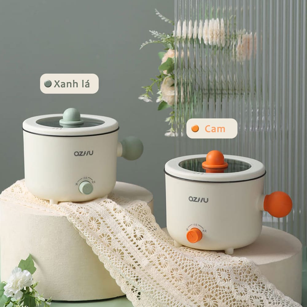 Nồi Lẩu Điện OZHU 18cm 2 nấc nhiệt kèm giá hấp có tay cầm tiện dụng, nồi lẩu 2 tầng cao cấp