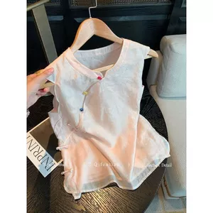 Màu hồng Phong cách Trung Quốc mới Họa tiết đen tối Jacquard Áo không tay Tính khí ngọt ngào Áo Vest chéo giảm tuổi