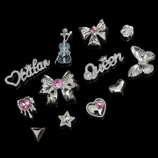 [ĐỘC QUYỀN]  Set Charm Queen Chrome Bạc Đính Đá Pha Lê Hồng Bướm Nơ Guitar Trái Tim Cao Cấp Trang Trí Dép Y2K Luxury