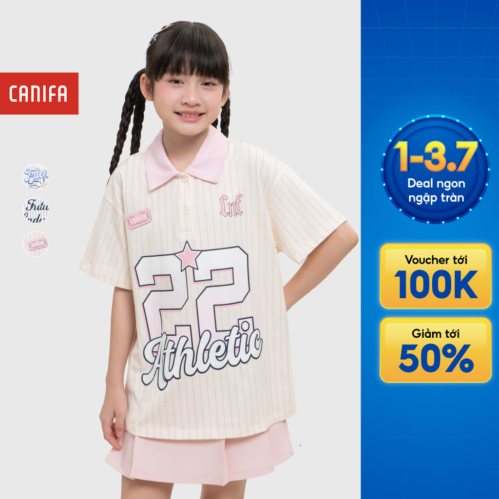 Áo polo bé gái CANIFA cổ bẻ cộc tay in họa tiết 100% cotton mềm mịn thoáng mát 1TP26C001