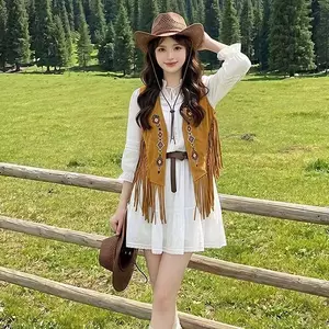 2026 Đường vòng Tây Bắc Kỳ nghỉ Retro Áo vest nâu thêu tua rua Phong cách dân tộc Áo vest ngắn mỏng hơn Nhìn phù hợp với trận đấu bên ngoài